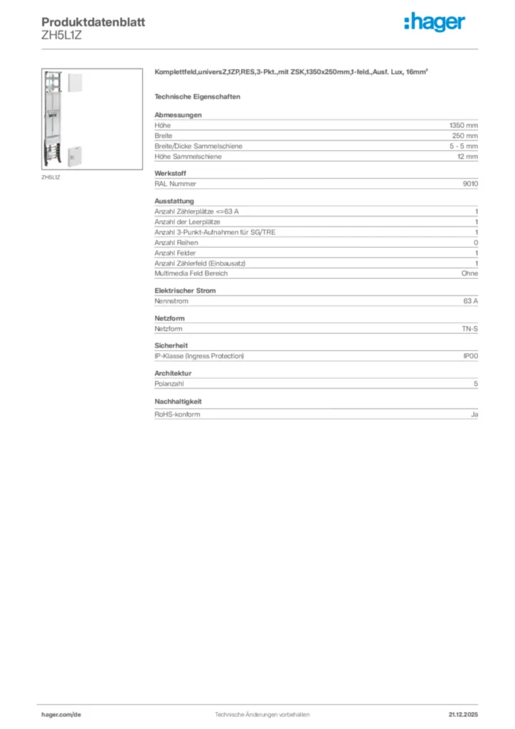 Bild Hager Produktdatenblatt ZH5L1Z | Hager Deutschland