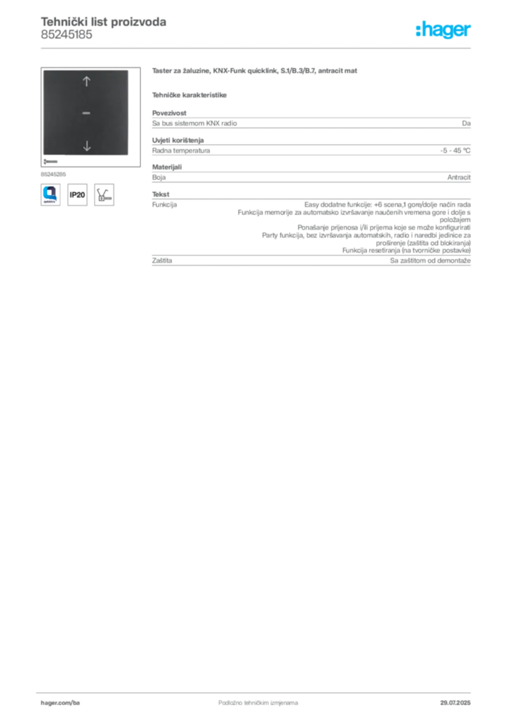 Slika Hager Product data sheet 85245185  | Hager