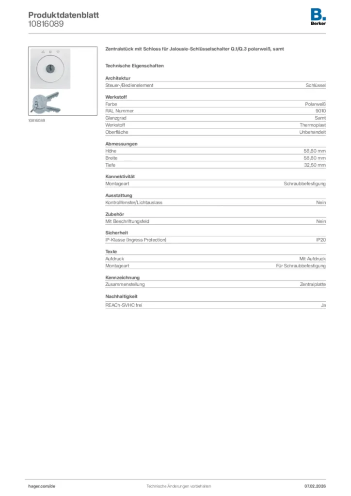 Bild Berker Produktdatenblatt 10816089 | Hager Deutschland