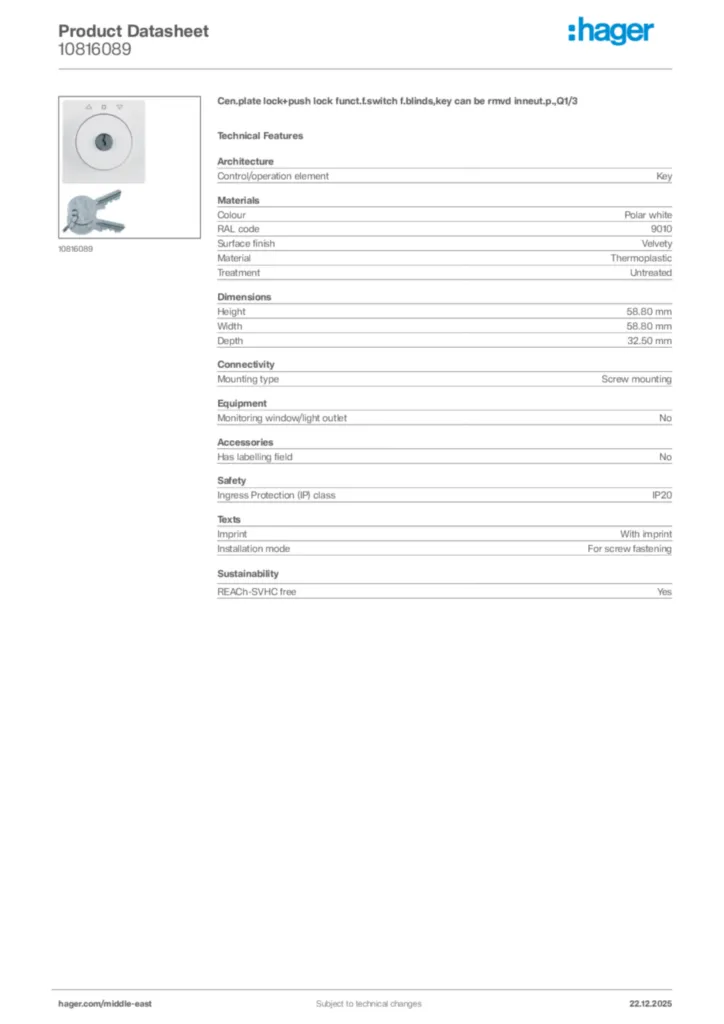 Image Hager Product data sheet 10816089  | Hager