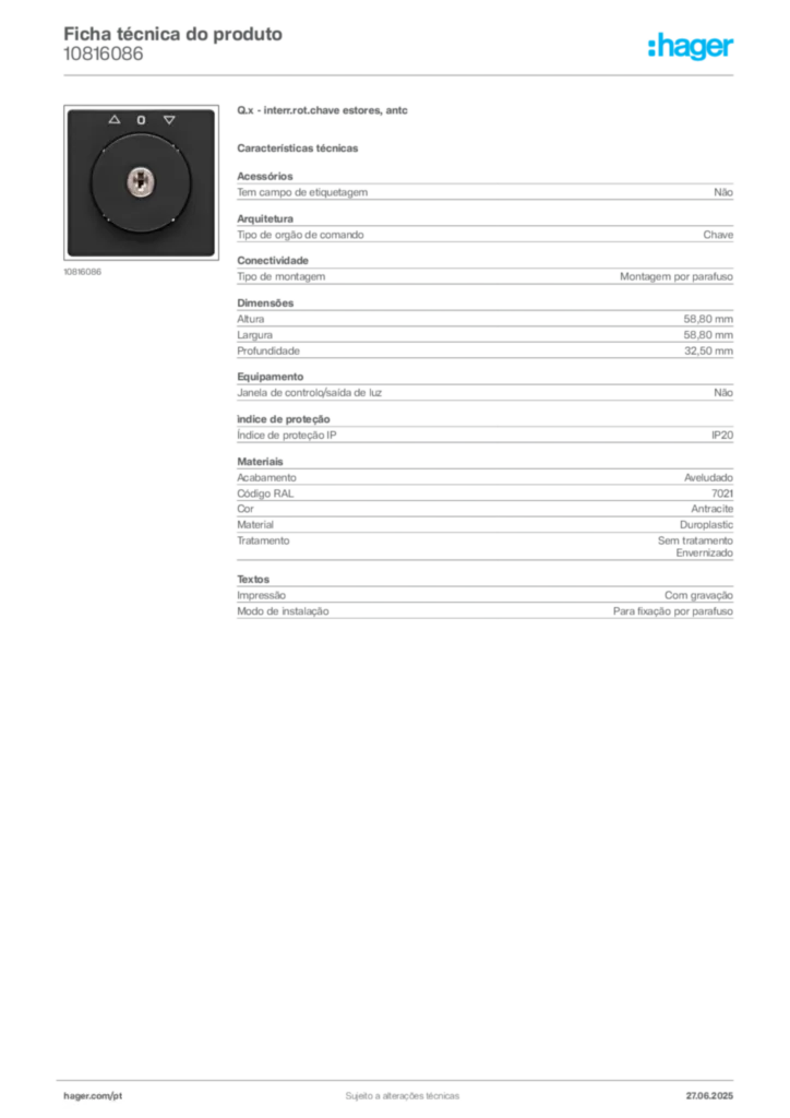 Imagem Hager Ficha técnica do produto 10816086 | Hager Portugal