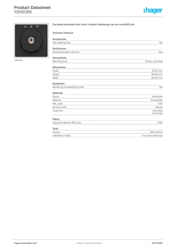 Image Hager Product data sheet 10816086  | Hager