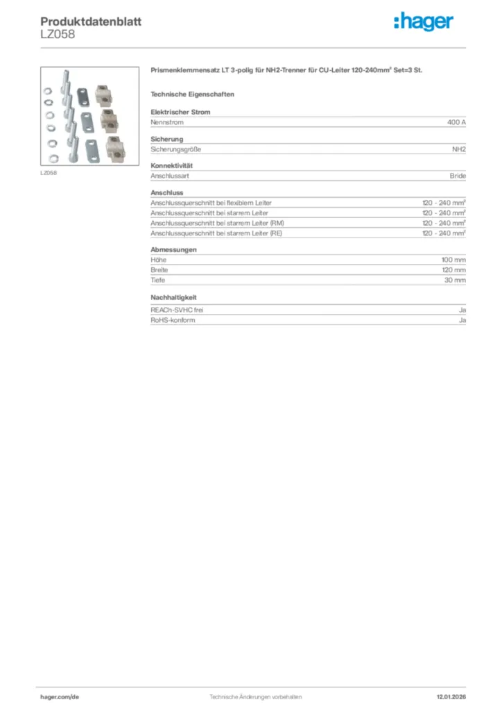 Bild Hager Produktdatenblatt LZ058 | Hager Deutschland