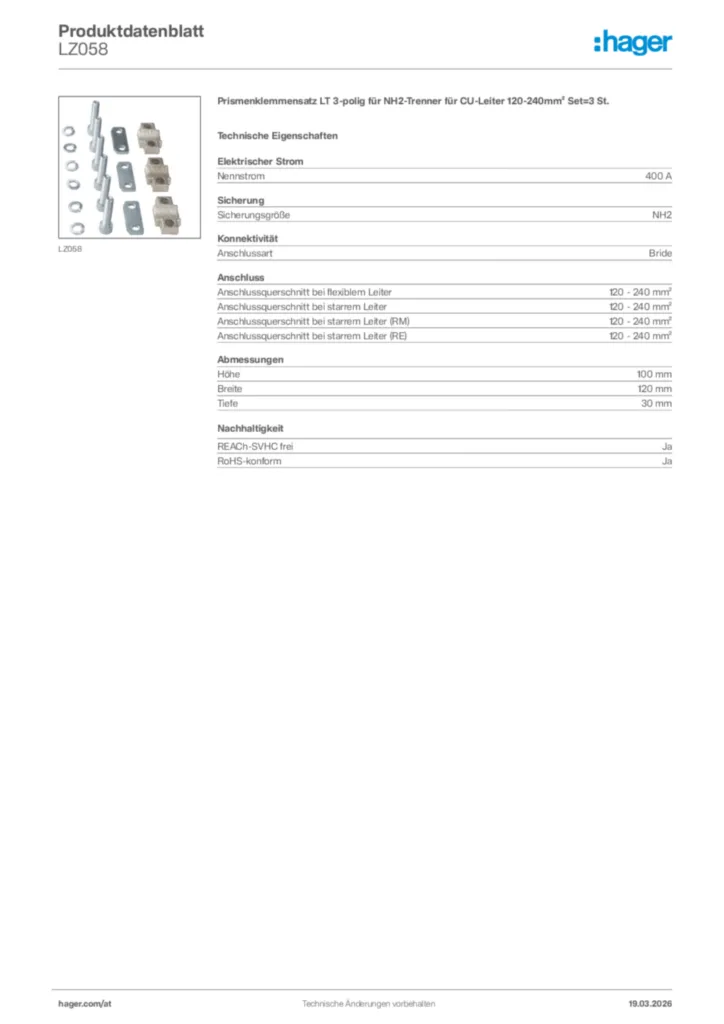 Bild Hager Produktdatenblatt LZ058 | Hager Deutschland