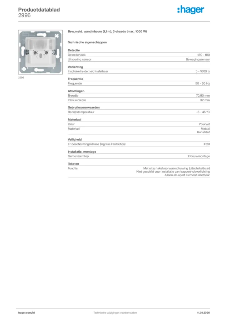 Afbeelding Hager Productdatablad 2996 | Hager Nederland