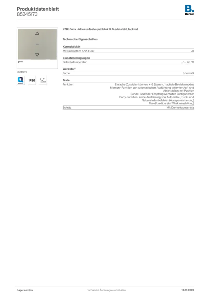 Bild Berker Produktdatenblatt 85245173 | Hager Deutschland