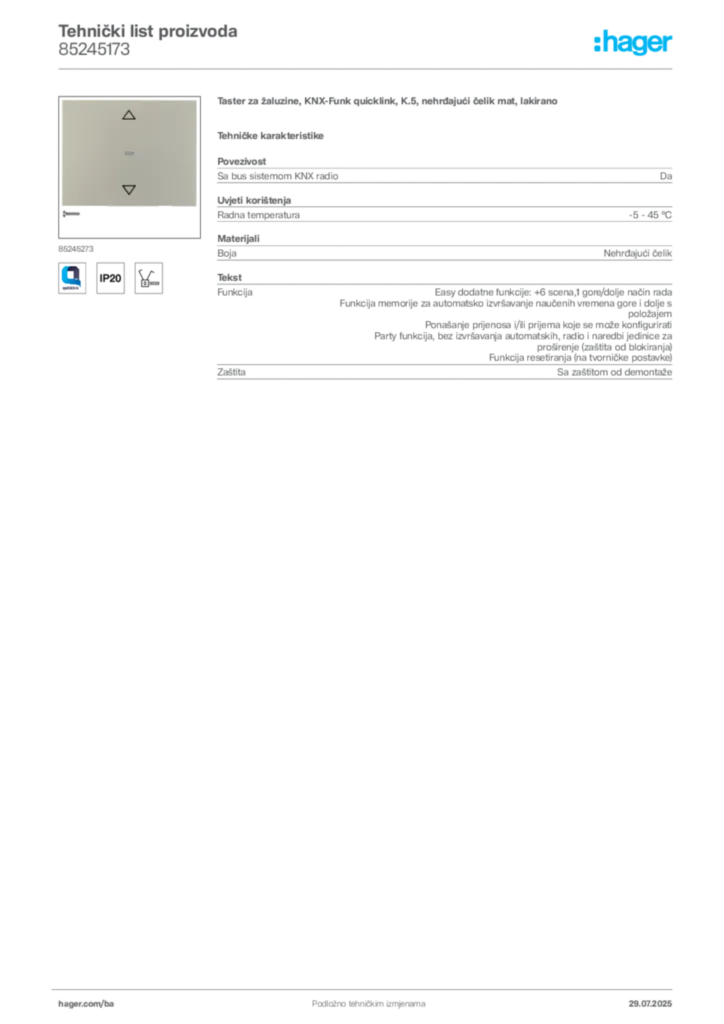 Slika Hager Product data sheet 85245173  | Hager
