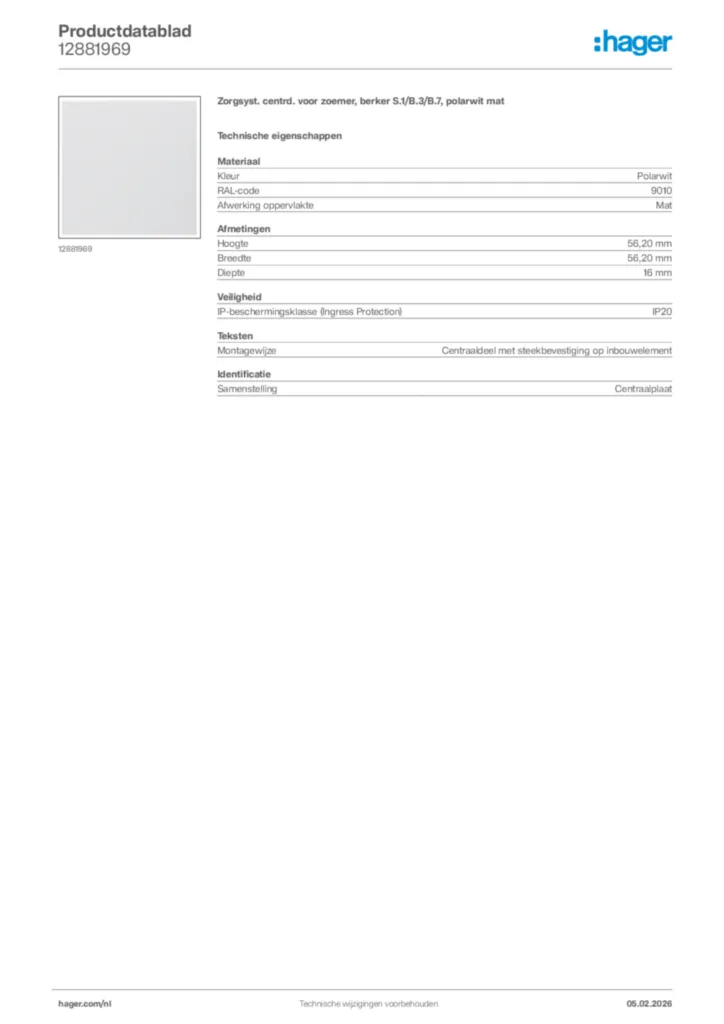 Afbeelding Hager Productdatablad 12881969 | Hager Nederland