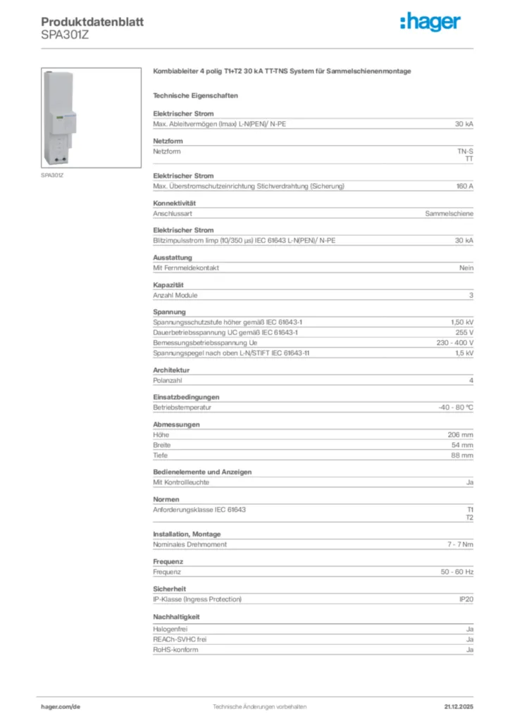 Bild Hager Produktdatenblatt SPA301Z | Hager Deutschland