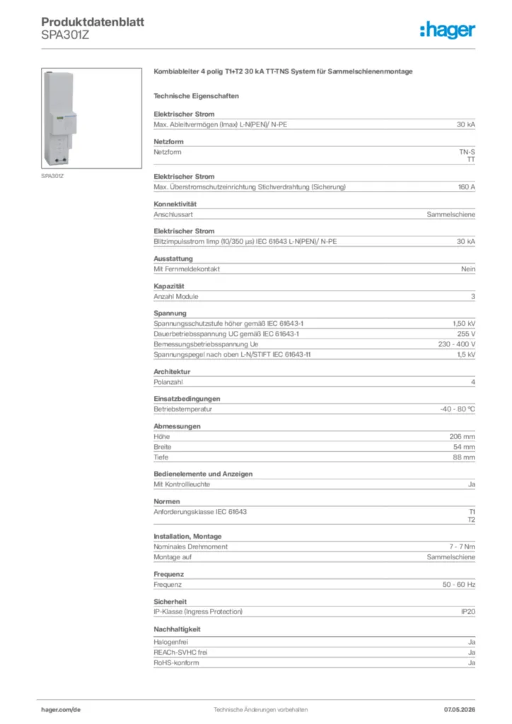 Bild Hager Produktdatenblatt SPA301Z | Hager Deutschland