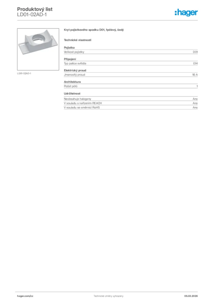 Obrázek Hager Product data sheet LD01-02AD-1 | Hager