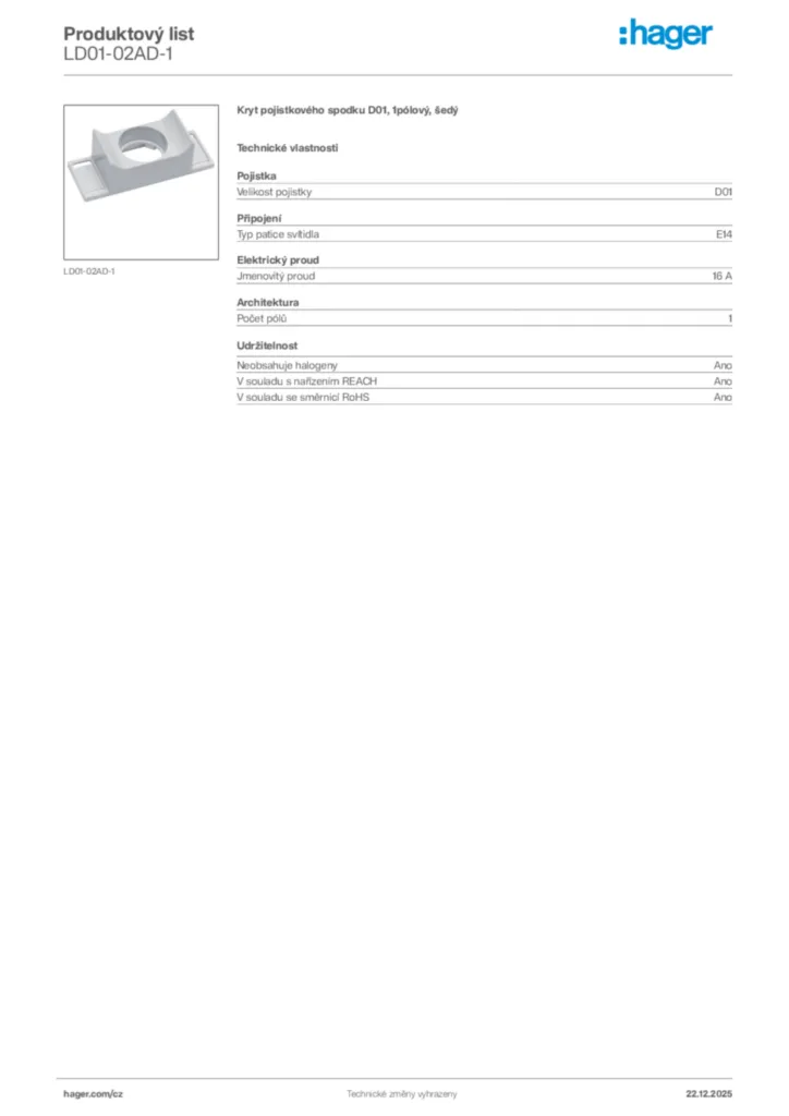 Obrázek Hager Produktový list LD01-02AD-1 | Hager