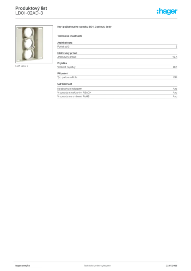 Obrázek Hager Produktový list LD01-02AD-3 | Hager