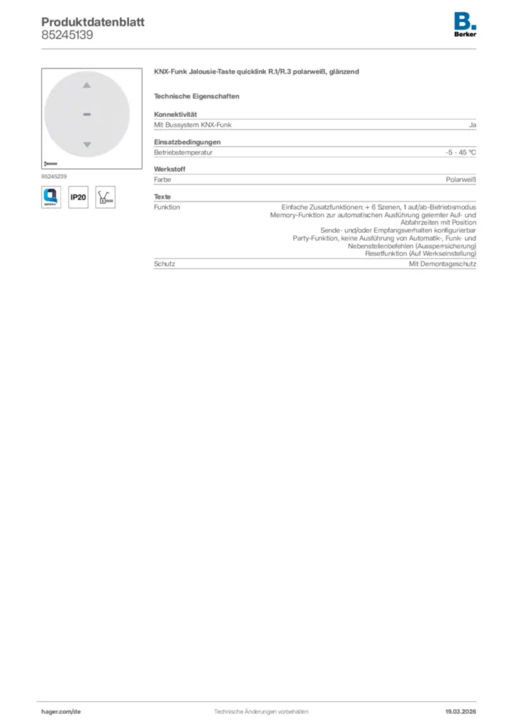 Bild Berker Produktdatenblatt 85245139 | Hager Deutschland