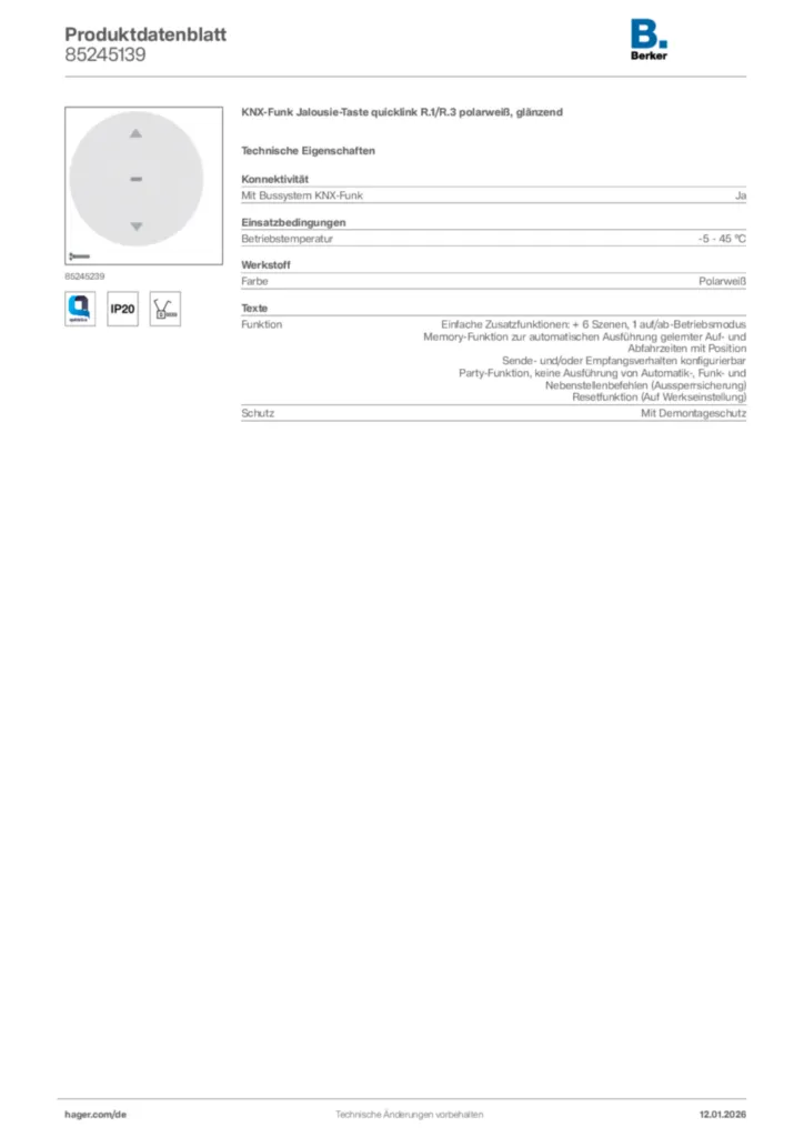 Bild Berker Produktdatenblatt 85245139 | Hager Deutschland