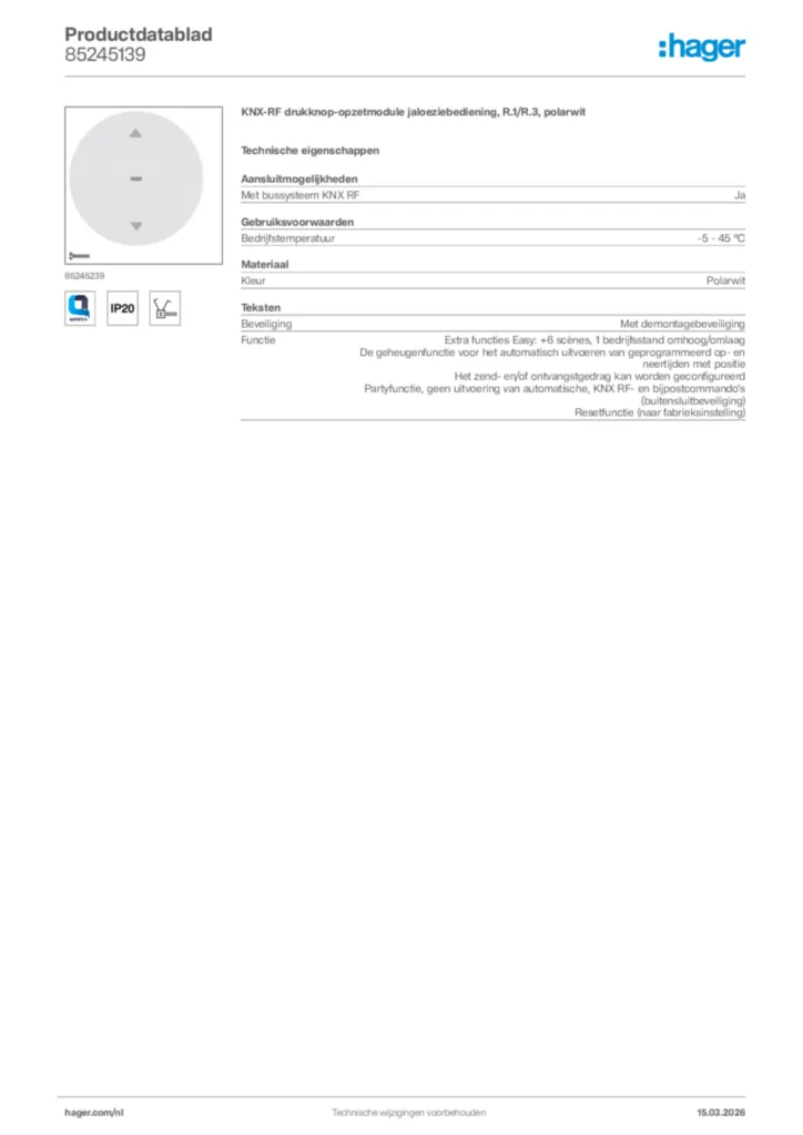Afbeelding Hager Productdatablad 85245139 | Hager Nederland