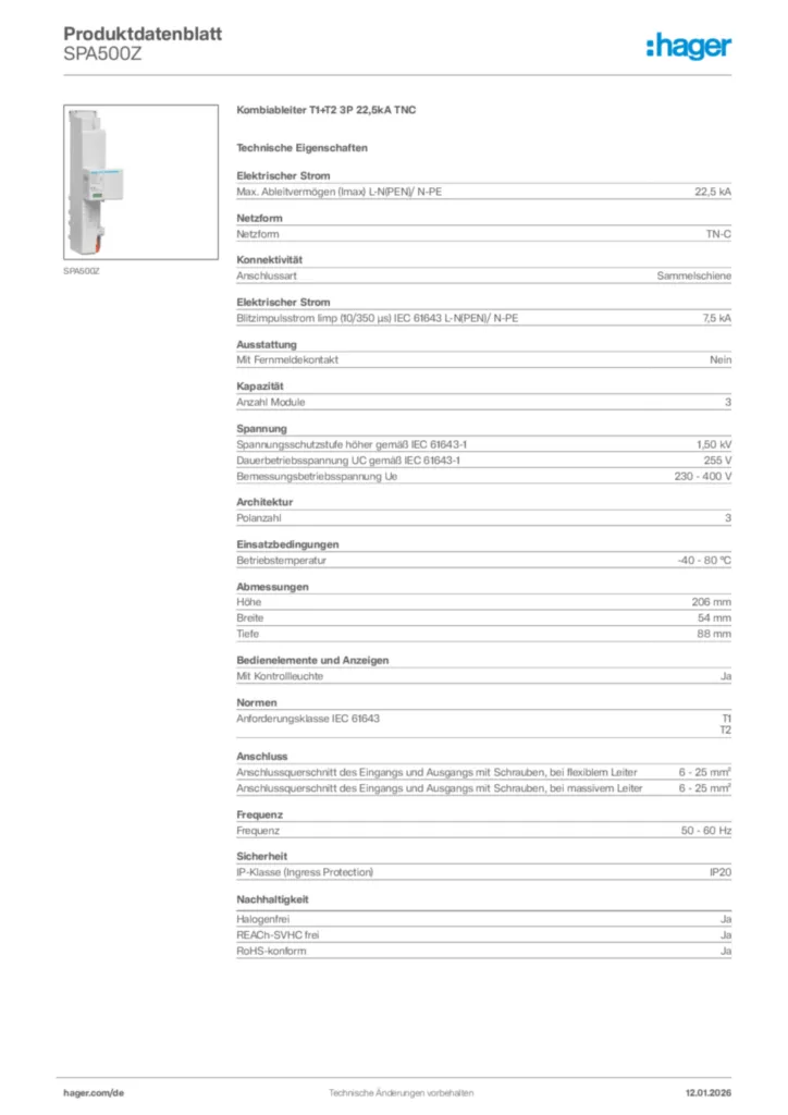 Bild Hager Produktdatenblatt SPA500Z | Hager Deutschland