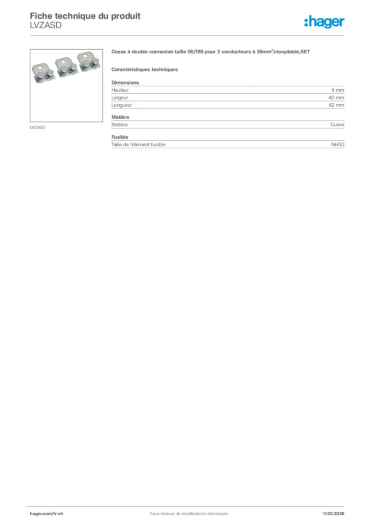 Image Hager Fiche technique du produit LVZASD | Hager Suisse