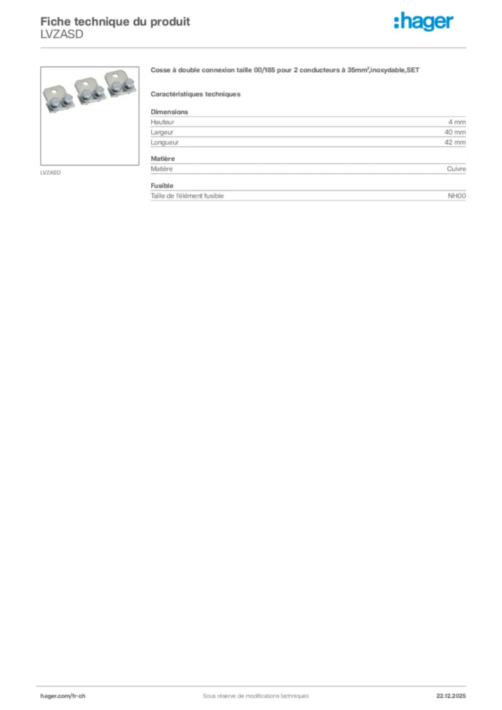 Image Hager Fiche technique du produit LVZASD | Hager Suisse