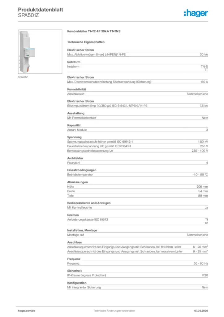 Bild Hager Produktdatenblatt SPA501Z | Hager Deutschland
