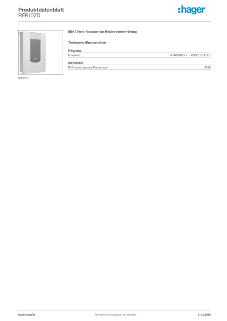 Bild Hager Produktdatenblatt RFR102D | Hager Deutschland