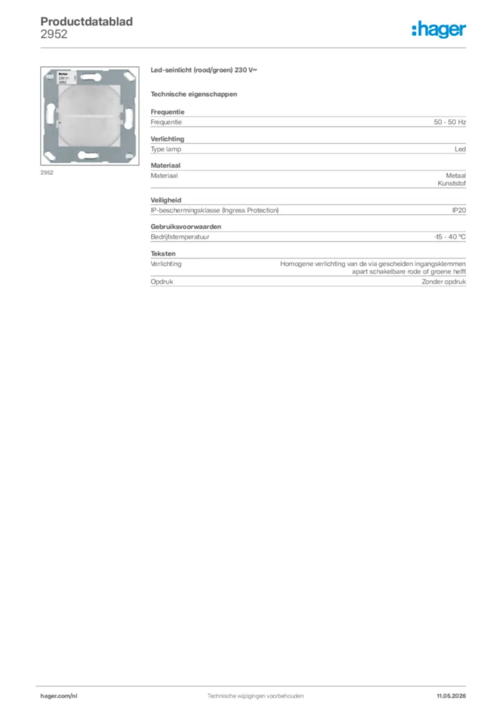 Afbeelding Hager Productdatablad 2952 | Hager Nederland