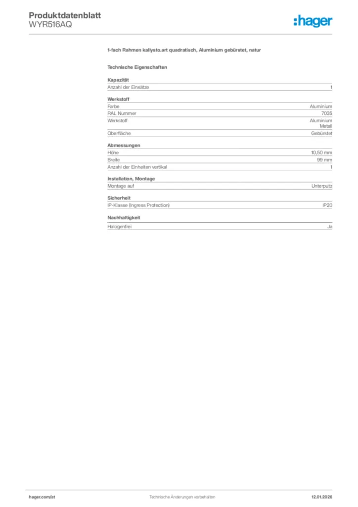Bild Hager Produktdatenblatt WYR516AQ | Hager Deutschland
