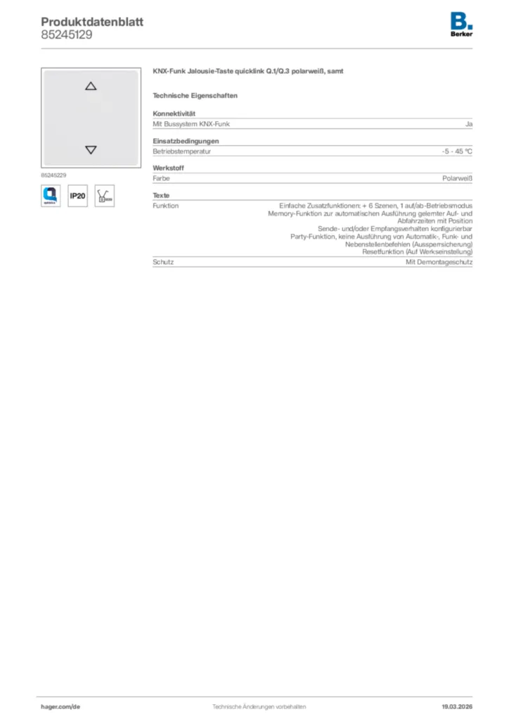 Bild Berker Produktdatenblatt 85245129 | Hager Deutschland
