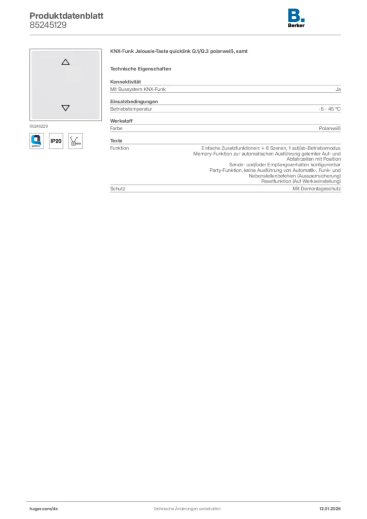 Bild Berker Produktdatenblatt 85245129 | Hager Deutschland