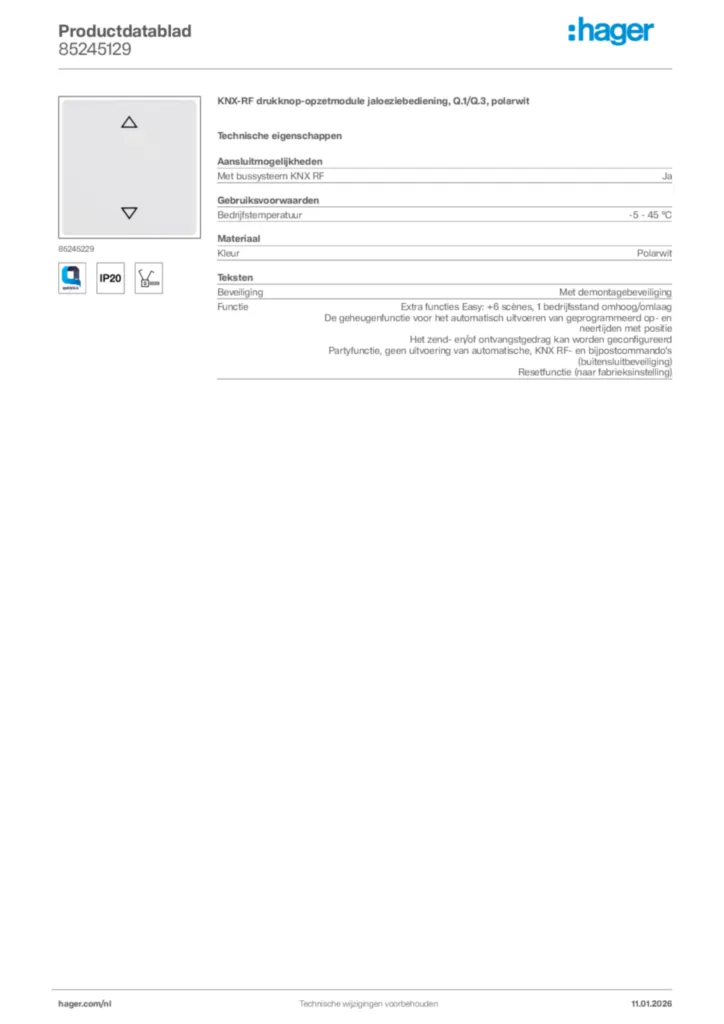 Afbeelding Hager Productdatablad 85245129 | Hager Nederland