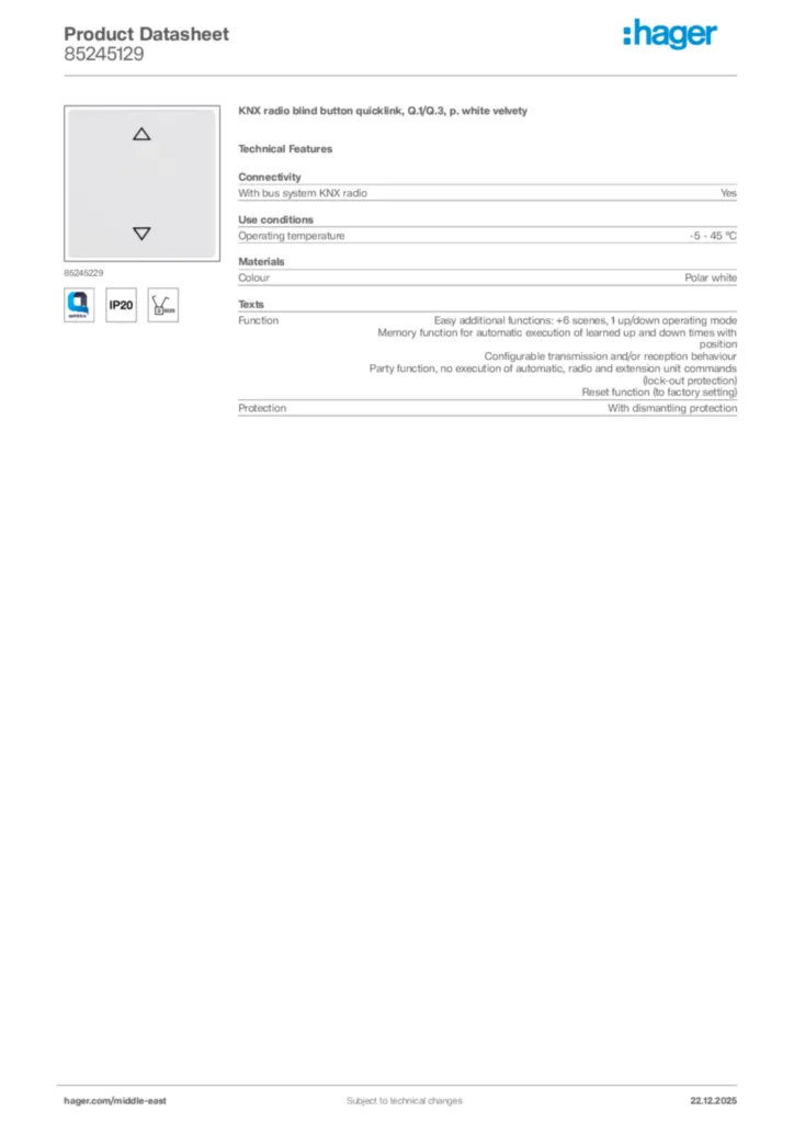 Image Hager Product data sheet 85245129  | Hager