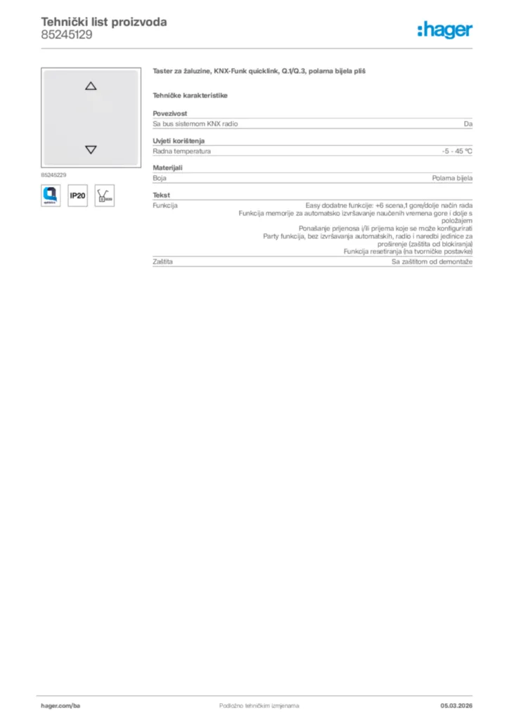 Slika Hager Tehnički list proizvoda 85245129  | Hager