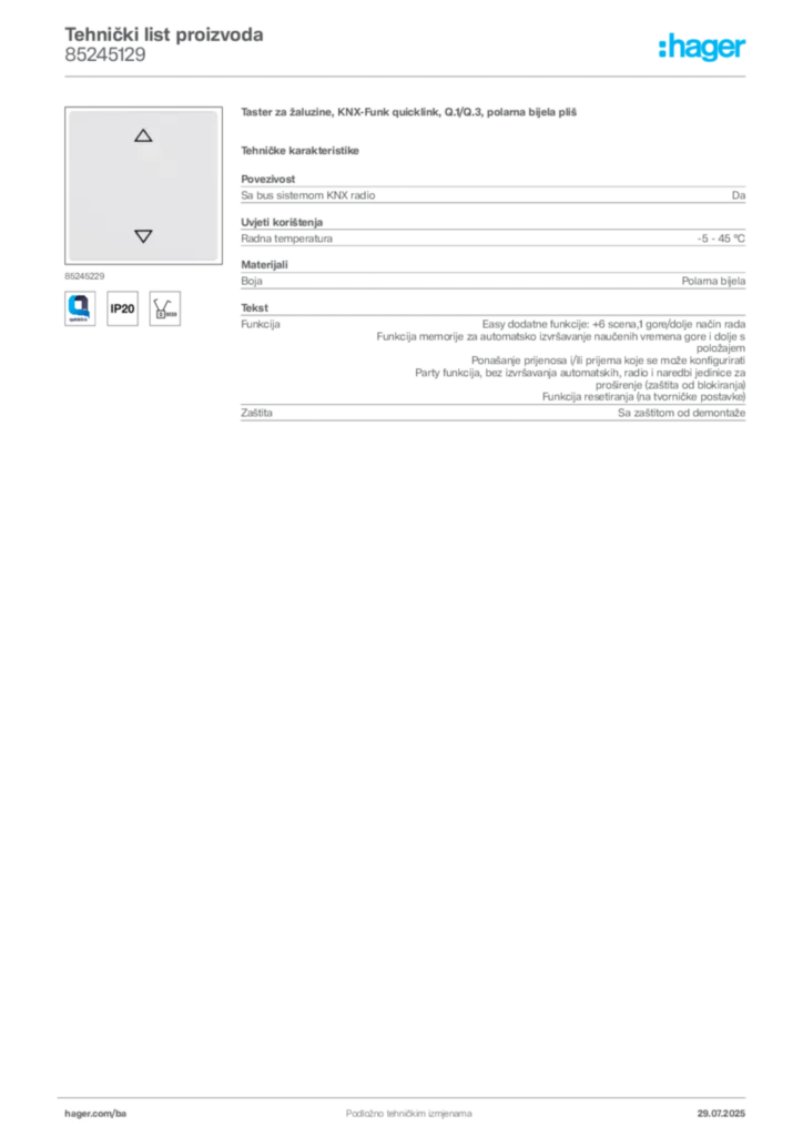 Slika Hager Product data sheet 85245129  | Hager