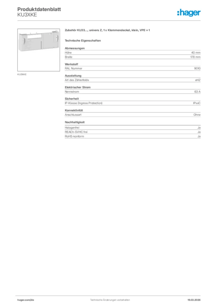 Bild Hager Produktdatenblatt KU3XKE | Hager Deutschland