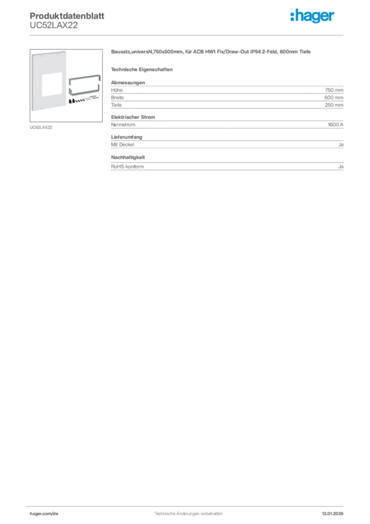 Bild Hager Produktdatenblatt UC52LAX22 | Hager Deutschland