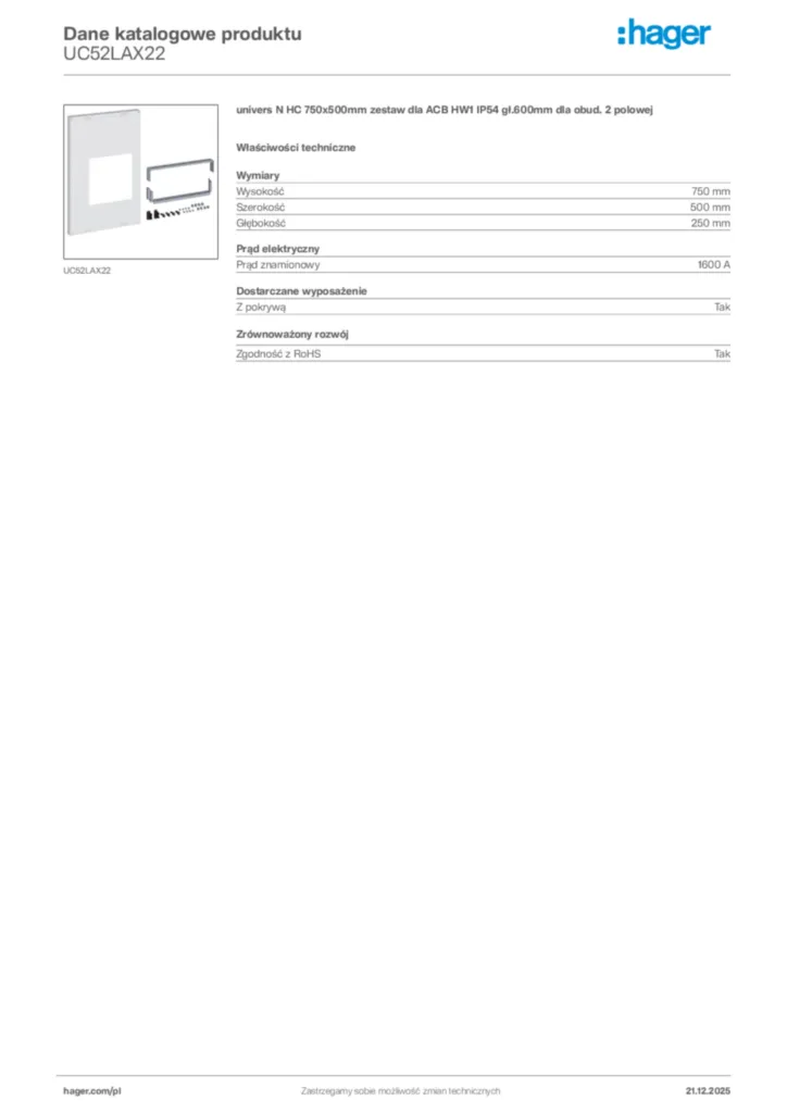 Zdjęcie Hager Dane katalogowe produktu UC52LAX22 | Hager Polska