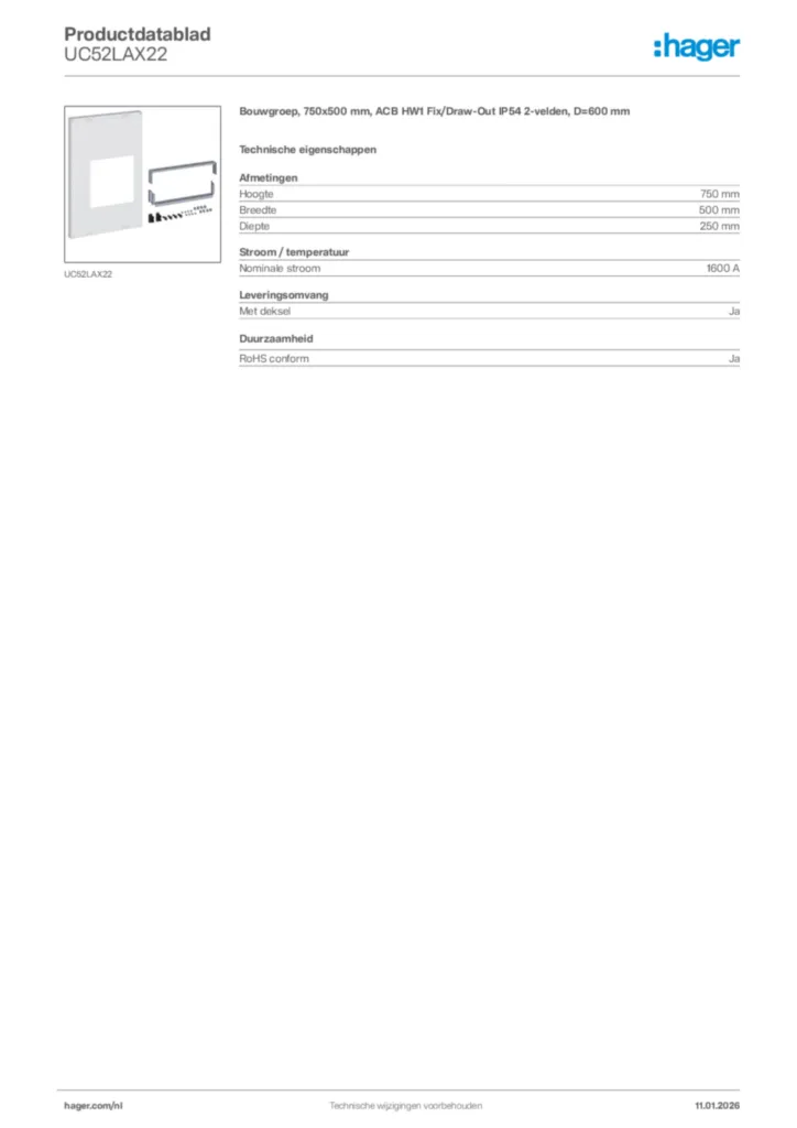 Afbeelding Hager Productdatablad UC52LAX22 | Hager Nederland