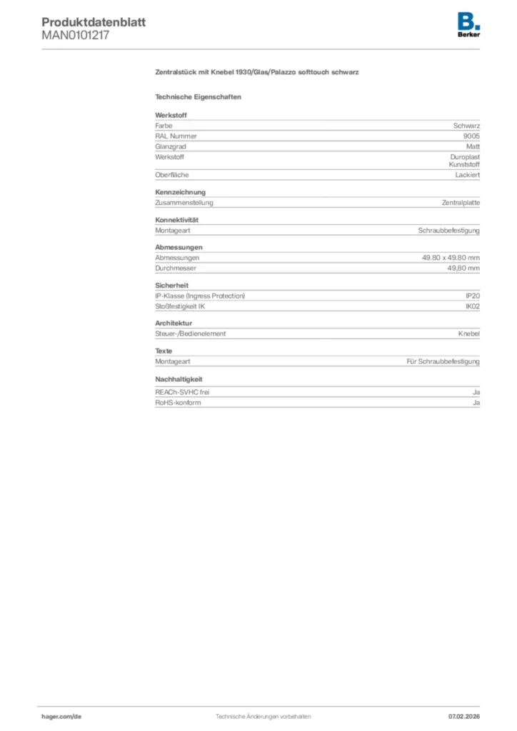 Bild Berker Produktdatenblatt MAN0101217 | Hager Deutschland