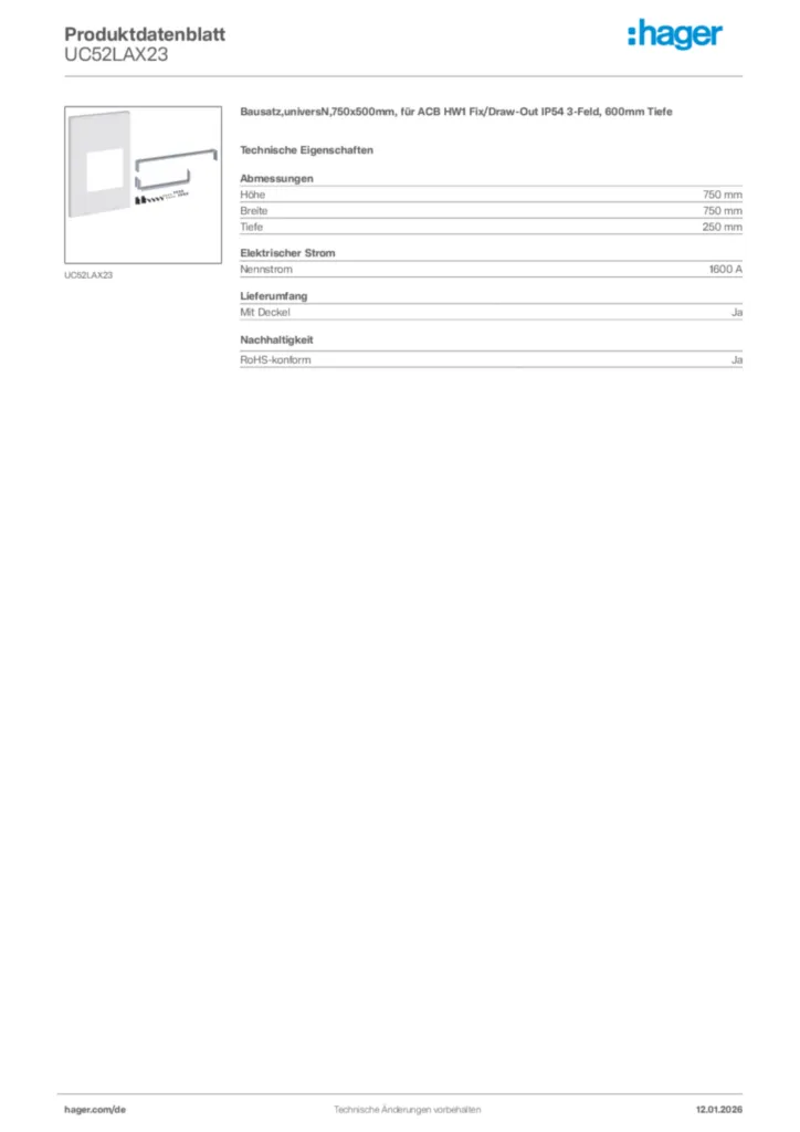 Bild Hager Produktdatenblatt UC52LAX23 | Hager Deutschland