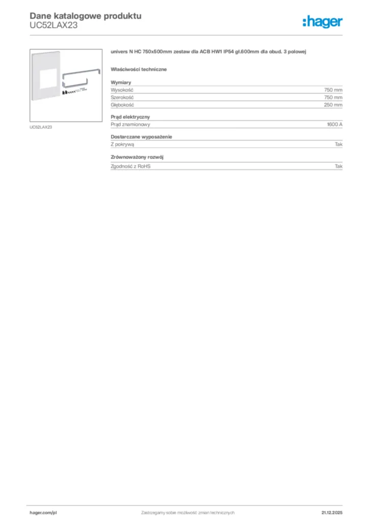 Zdjęcie Hager Dane katalogowe produktu UC52LAX23 | Hager Polska