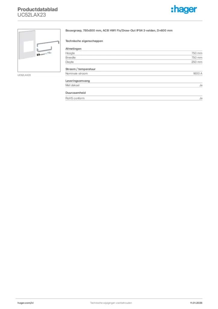 Afbeelding Hager Productdatablad UC52LAX23 | Hager Nederland