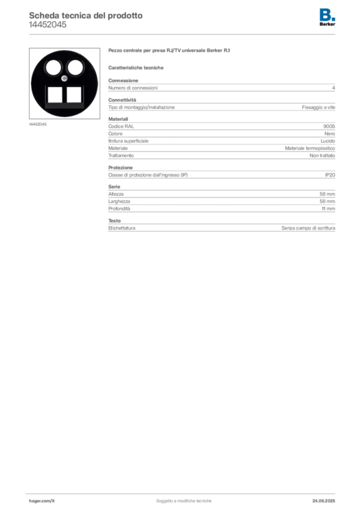 Immagine Berker Scheda tecnica del prodotto 14452045 | Hager Italia