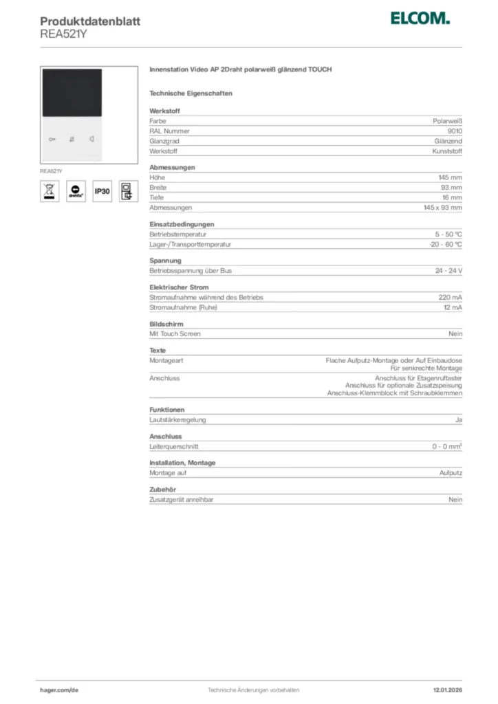 Bild Elcom Produktdatenblatt REA521Y | Hager Deutschland