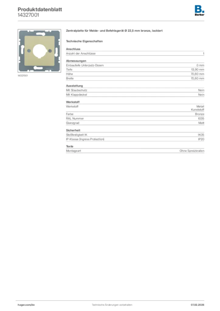 Bild Berker Produktdatenblatt 14327001 | Hager Deutschland