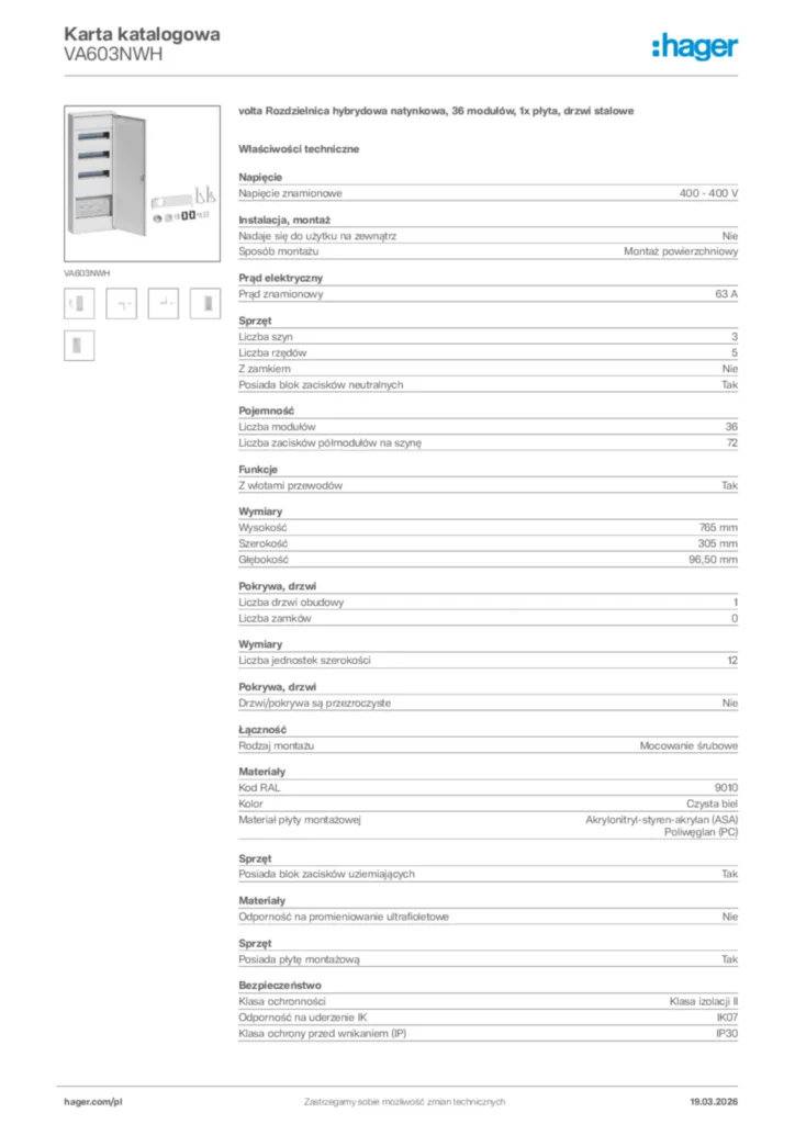 Zdjęcie Hager Karta katalogowa VA603NWH | Hager Polska