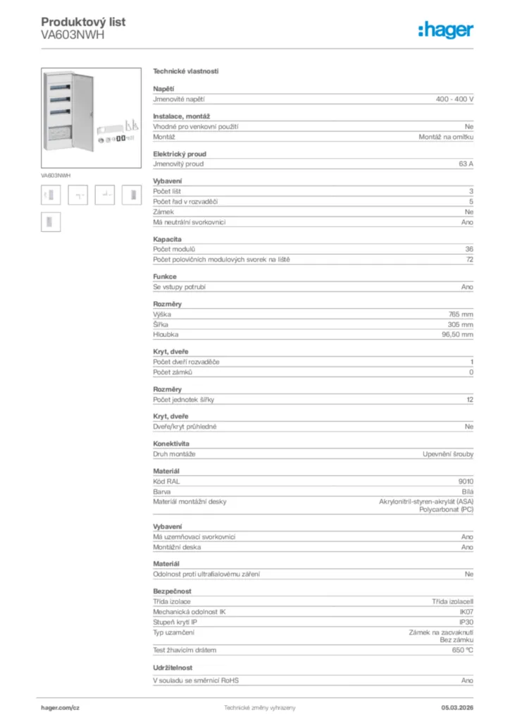 Obrázek Hager Product data sheet VA603NWH | Hager