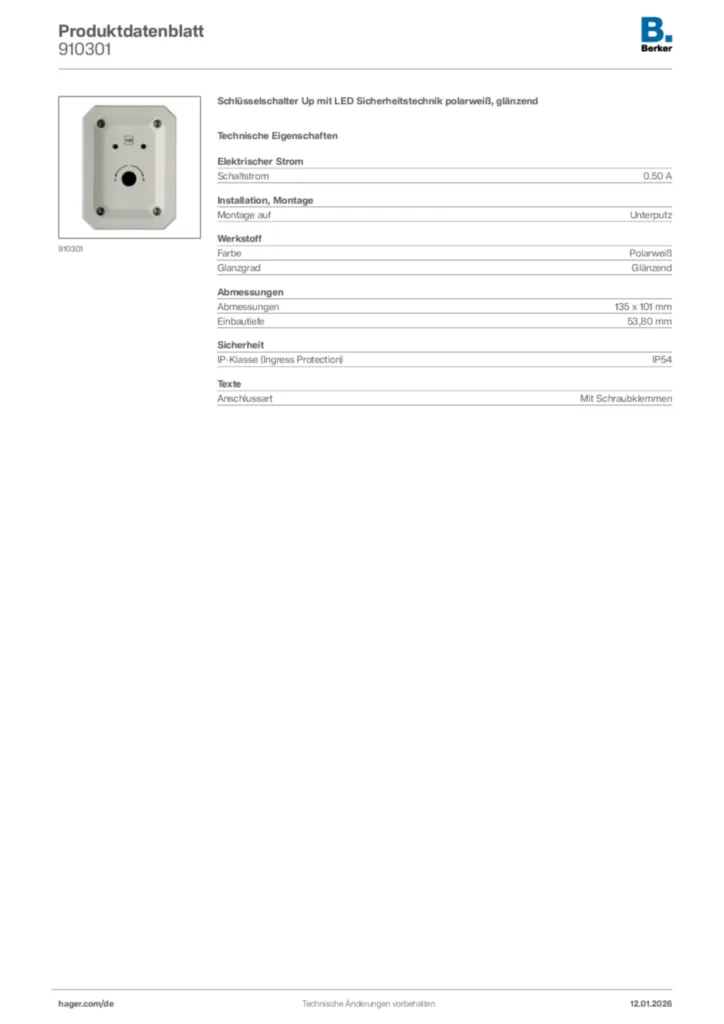 Bild Berker Produktdatenblatt 910301 | Hager Deutschland