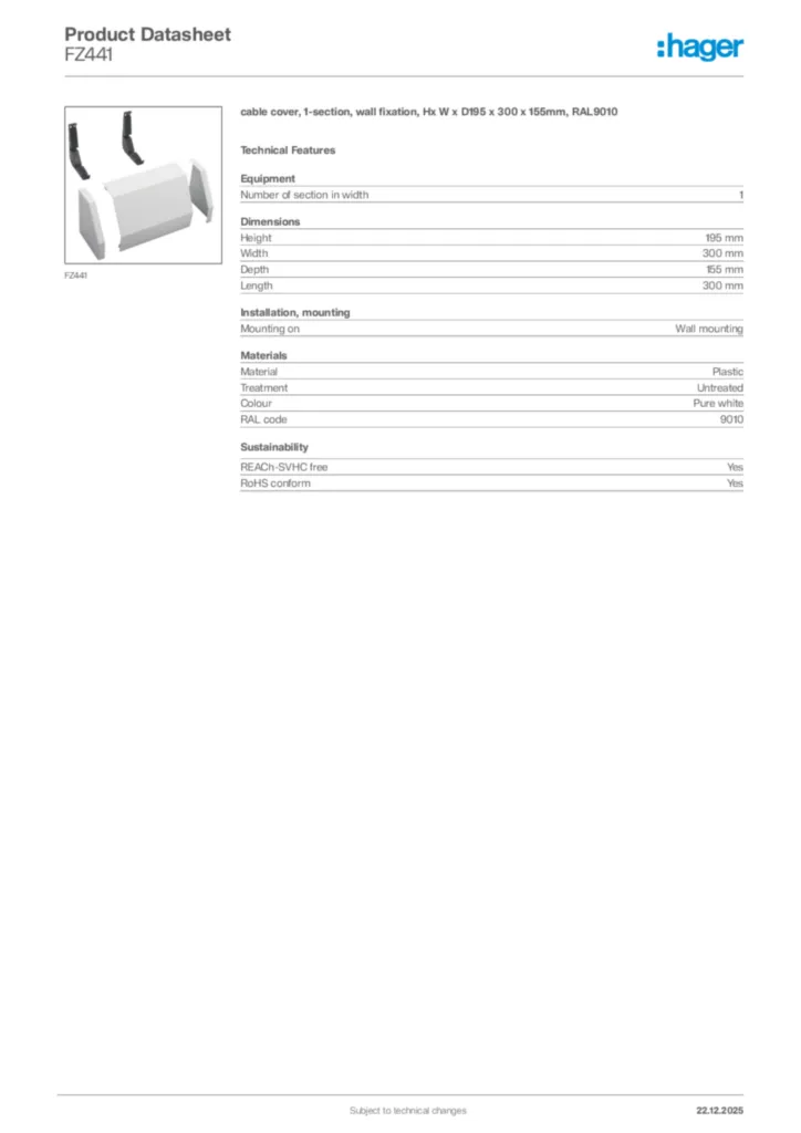 Image Hager Product data sheet FZ441  | Hager Africa