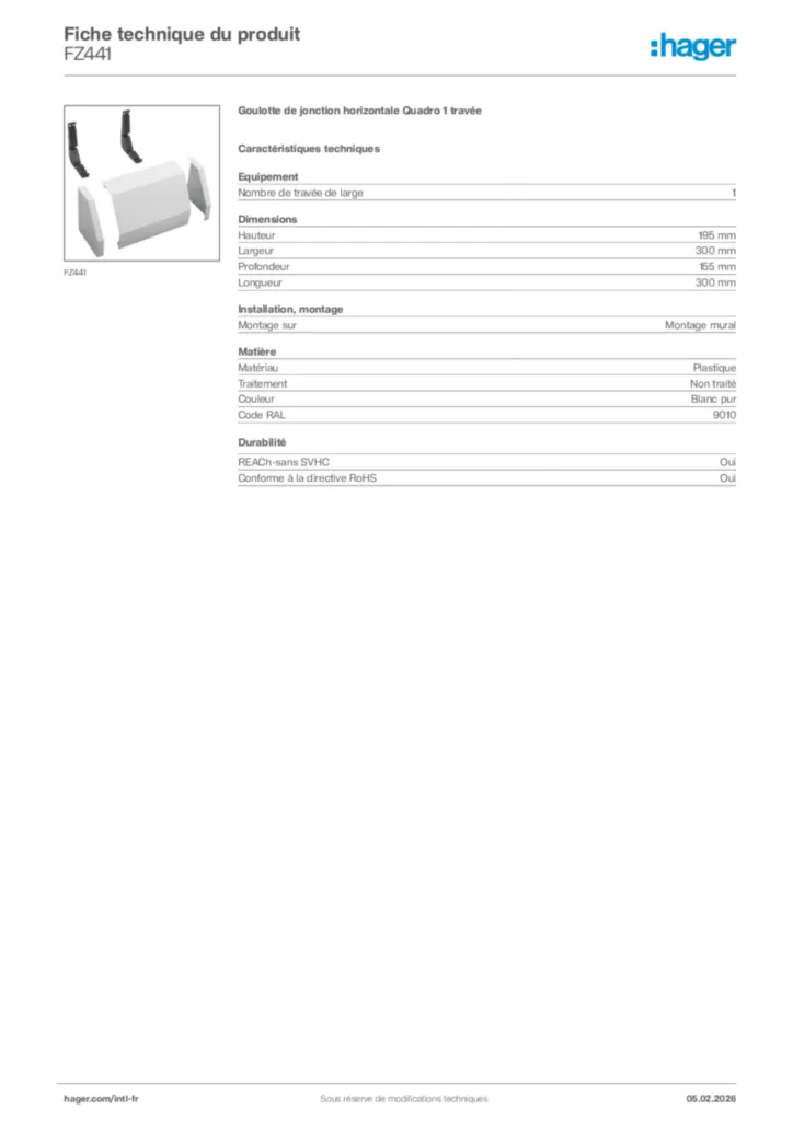 Image Hager Fiche technique du produit FZ441 | Hager Afrique