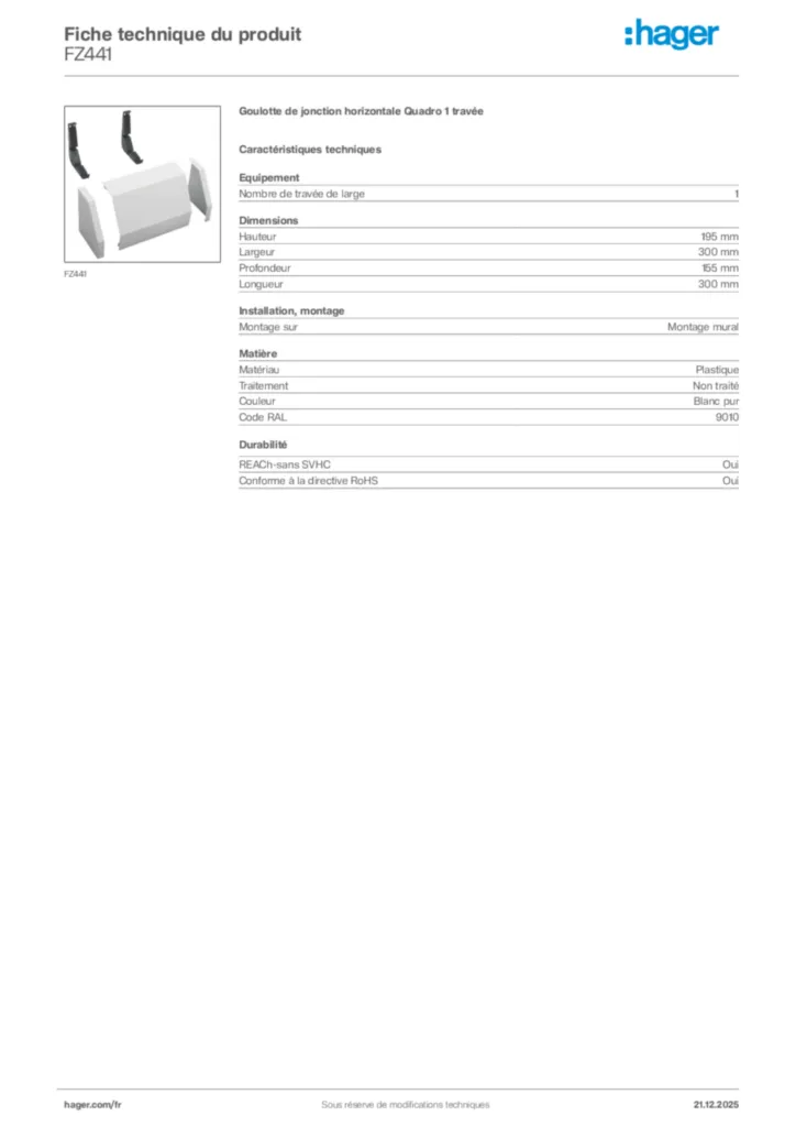 Image Hager Fiche technique du produit FZ441 | Hager France